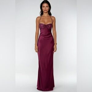 Halter Neck Sequin Satin Maxi Dress In Purple